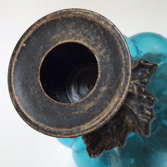 Pier 1 Blue Glass & Antique Brass Vintage Look Candlestick Set - Picture 4 of 10